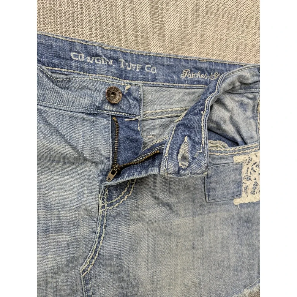 Cowgirl Tuff Co Skirt Womens 32 Blue Denim Mini Lace Patches Raw Hem Cowboy